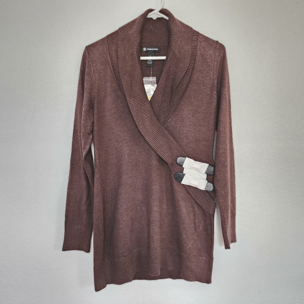 INC brown Long sweater top deep V neck NEW